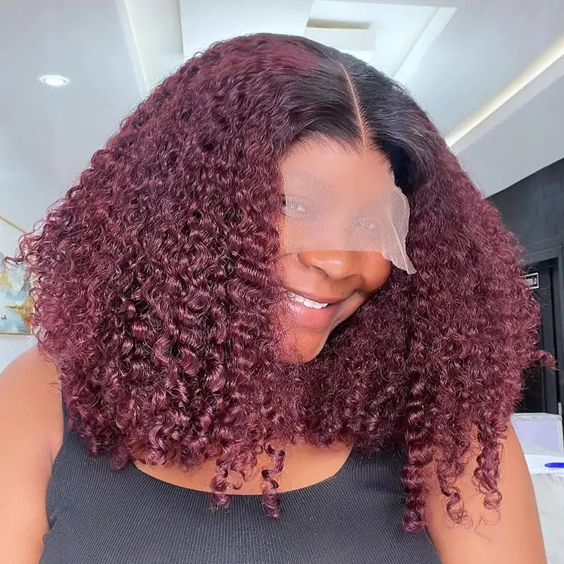 1B/99J Short Curly Bob Lace Front Wigs 13x4 Burgundy Lace Frontal Wigs Wine Red Glueless Pre Plucked
