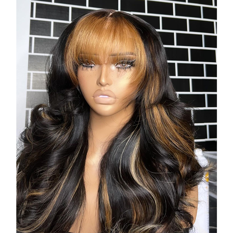 Highlight Body Wave Wig with Blonde Bangs Fringe 13X4 Frontal Wig Pre Plucked Human Hair Wig