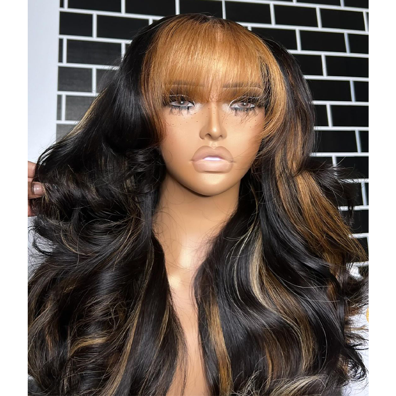 Highlight Body Wave Wig with Blonde Bangs Fringe 13X4 Frontal Wig Pre Plucked Human Hair Wig