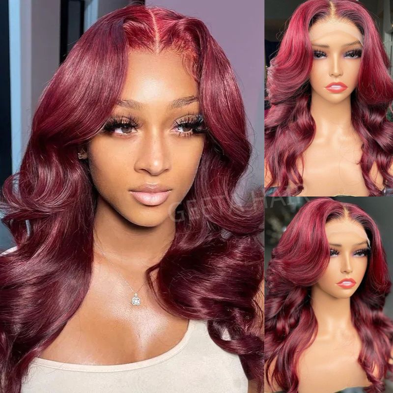 Glueless Wigs 99J Burgundy Body Wave Lace Front Wig  Colored Pre Plucked Nature Hairline Human Hair Wigs-GeetaHair