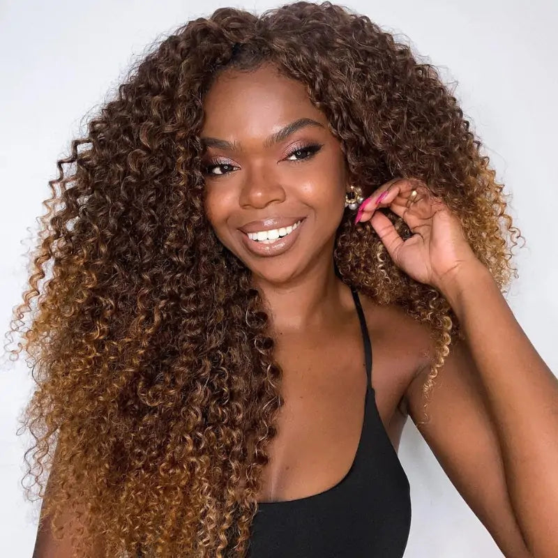 250% Density Full T4/27 Curly Human Hair Wigs Ombre 13x4 Lace Front Wig HD Lace Frontal Wigs