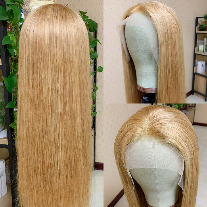Honey Blonde Straight HD Transparent Lace Front Wig #27 Color  Glueless Pre Plucked Hairline Real Human Hair Wigs