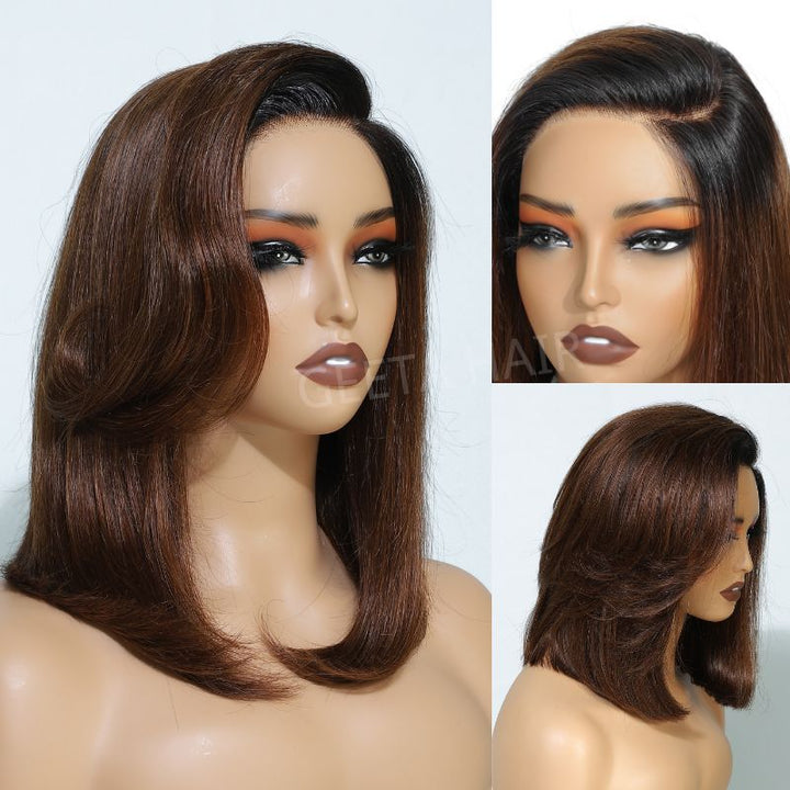 Layer Cut Ombre Brown Colored Wig Short Body Bob Wigs Wear Go Glueless C Part HD Lace Wig
