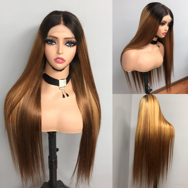 Straight Brown Wig With Blonde Highlights 13x4 HD Transaparent Lace Front Human Hair Wigs With Dark Roots - Geeta Hair