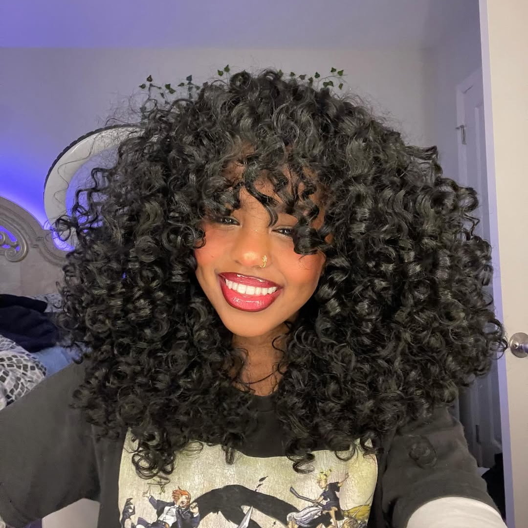 300% Density Rum Curly Afro Wig With Bangs 13x4 Lace Front Natural Curly Human Hair Wigs Pre Plucked