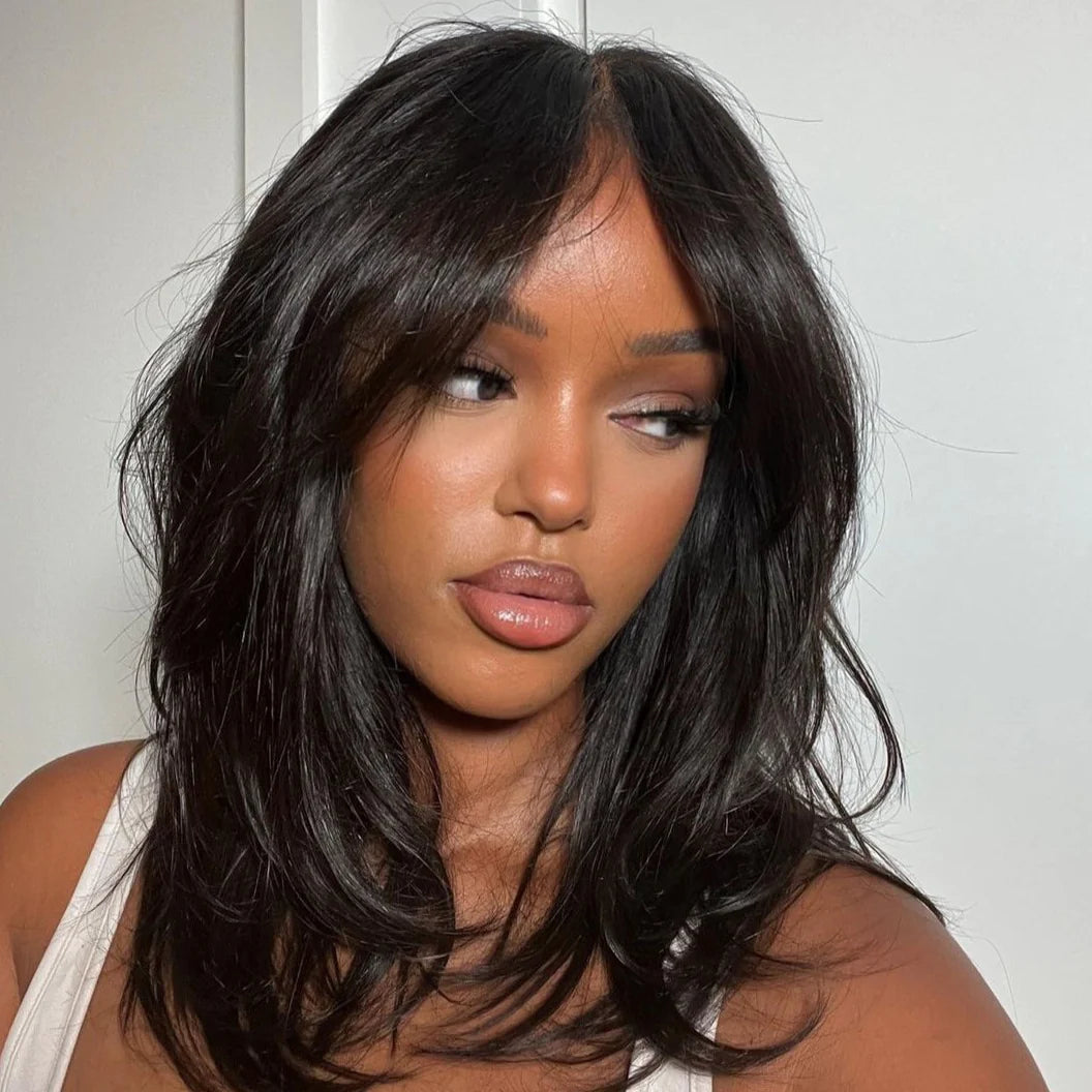 Long Natural Wavy Curtain Bangs Glueless 5x5 HD Lace Closure Wig Easy to Wear Lace Human Hair Bob Wigs-GeetaHair