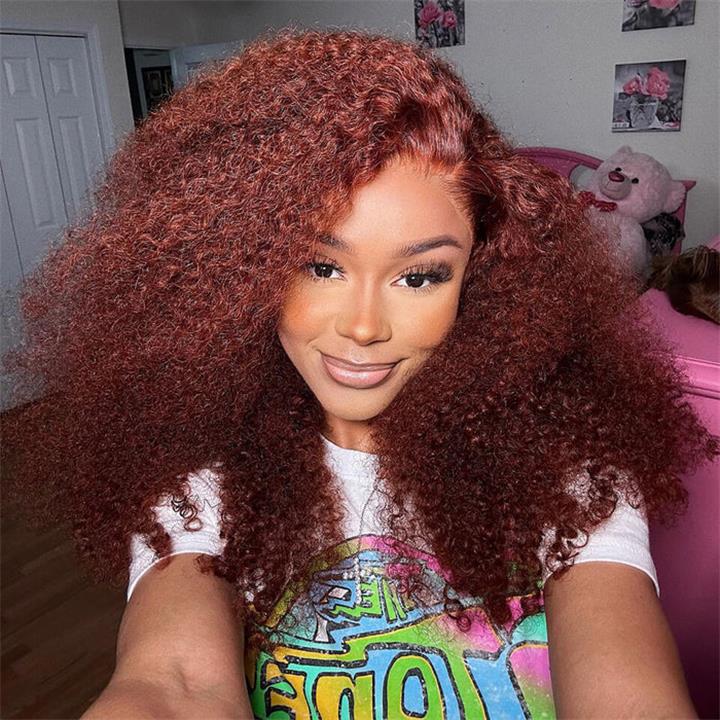 Wear Go Glueless Reddish Brown Kinky Curly Lace Front Wig 180% Density Breathable Wig-Geeta Hair