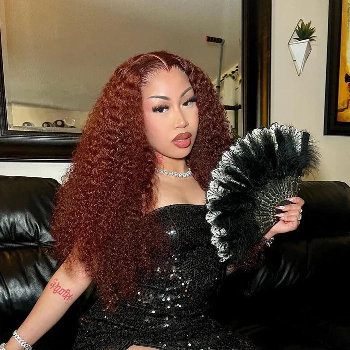 Wear Go Glueless Reddish Brown Kinky Curly Lace Front Wig 180% Density Breathable Wig-Geeta Hair