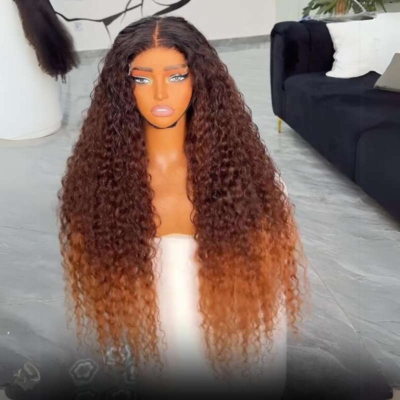 Ombre Brown Curly Lace Front Wigs Human Hair Pre Plucked Deep Curly Wave 13x4 HD Lace Frontal Wigs