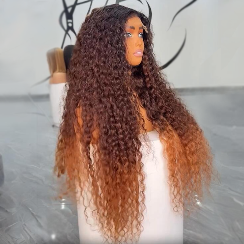 Ombre Brown Curly Lace Front Wigs Human Hair Pre Plucked Deep Curly Wave 13x4 HD Lace Frontal Wigs