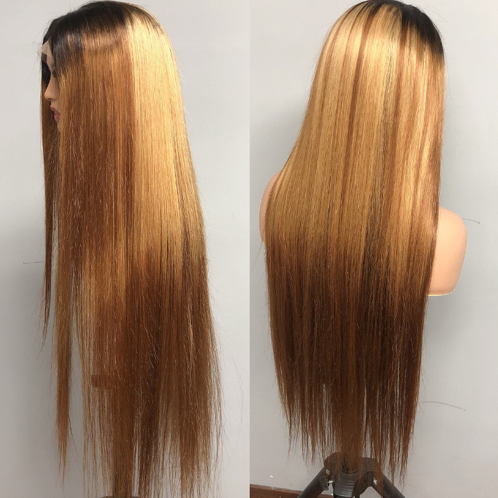 Straight Brown Wig With Blonde Highlights 13x4 HD Transaparent Lace Front Human Hair Wigs With Dark Roots - Geeta Hair