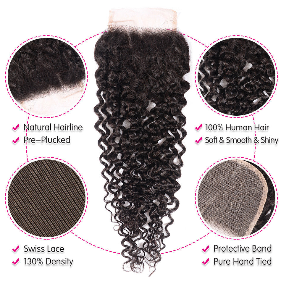 GeetaHair Curly Hair 4 Bundles with 4x4 Lace Closure 100% Unprocessed Human Hair