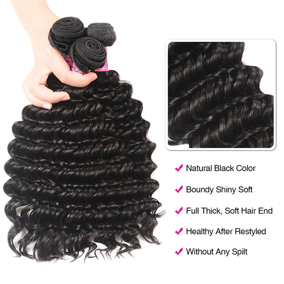 Geetahair Deep Wave 3 Bundles With 13x4 Lace Frontal Virgin Humam Hair