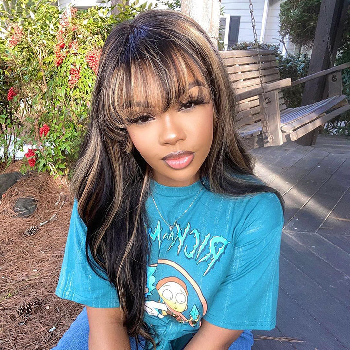 Highlight Brown Body Wave Human Hair Wigs with Bangs Colored HD Transparent Lace Wig