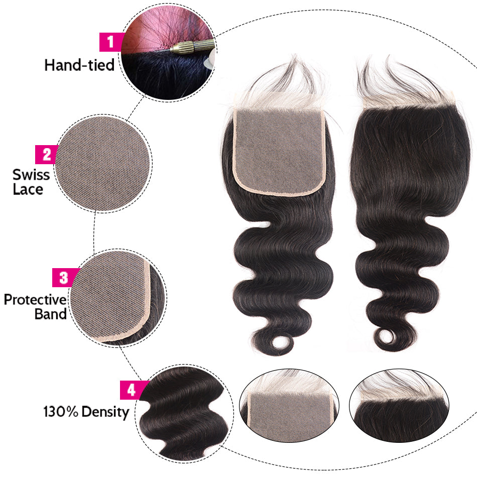 GeetaHair 4 Bundles With 4x4 Lace Closure Body Wave 100% Unprocessed Human Hair