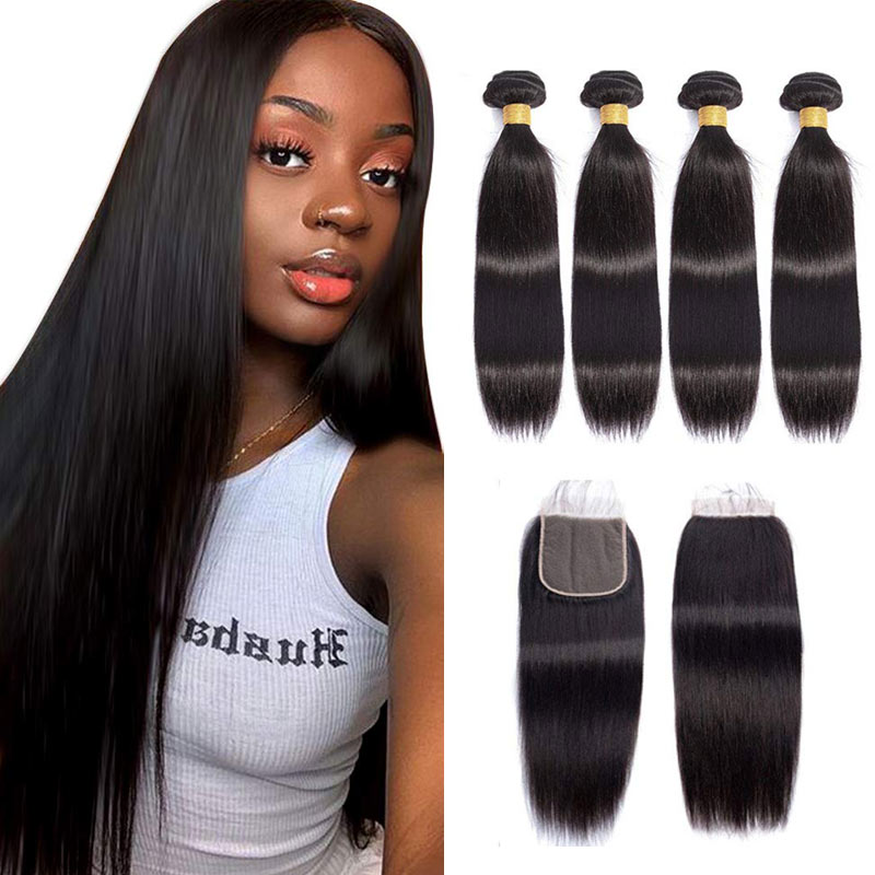 GeetaHair Straight Hair 4 Bundles with 4x4 Lace Closure 100% Unprocessed Human Hair