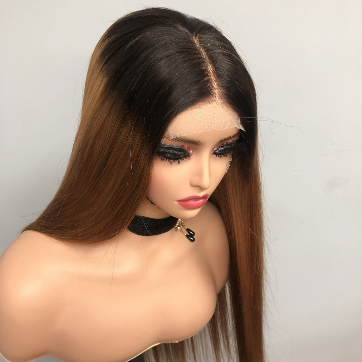 Straight Brown Wig With Blonde Highlights 13x4 HD Transaparent Lace Front Human Hair Wigs With Dark Roots - Geeta Hair