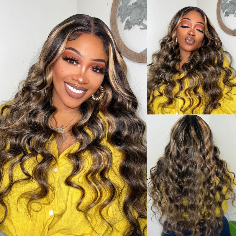 Balayage Highlight Lace Front Wig Body Wave Glueless Human Hair Wigs 180% Density-GeetaHair