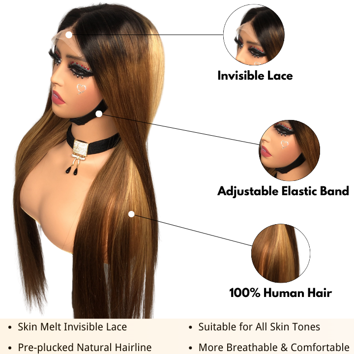 Straight Brown Wig With Blonde Highlights 13x4 HD Transaparent Lace Front Human Hair Wigs With Dark Roots - Geeta Hair