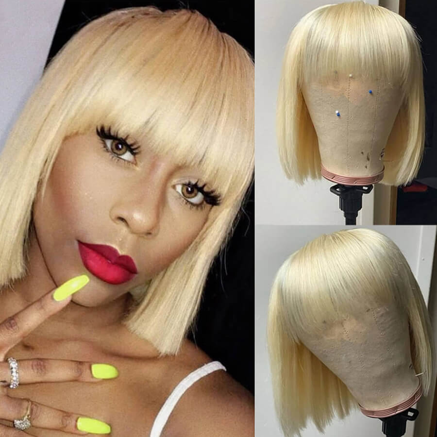 Natural Straight Hair 613 Blonde Bob Wig With Bangs 100% Human Hair Wig -Geeta Hair