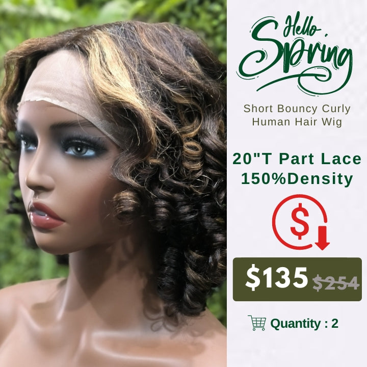 Crazy Flash Sale: Short Bouncy Curly Human Hair Wig T Part Lace Big Spiral Curl Hair Natural Black Color - Only 2 Days