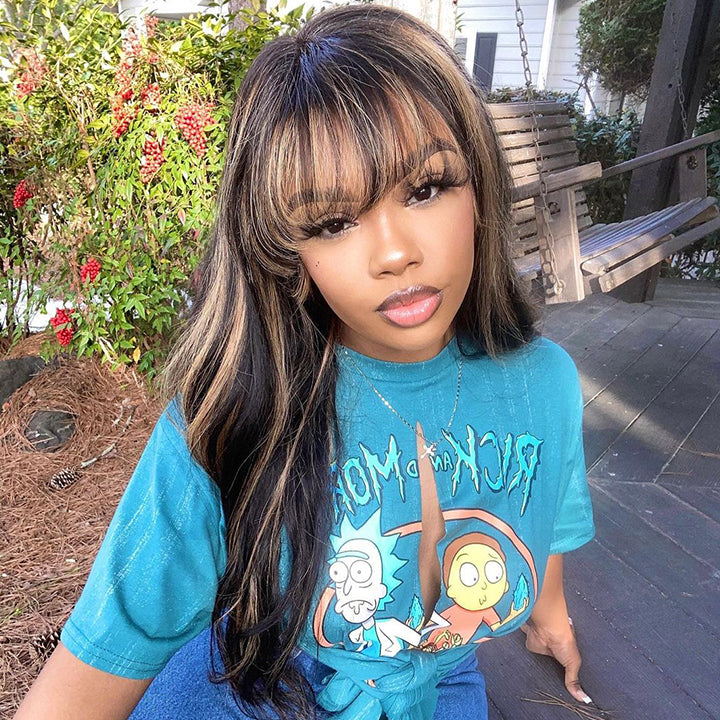 Highlight Brown Body Wave Human Hair Wigs with Bangs Colored HD Transparent Lace Wig