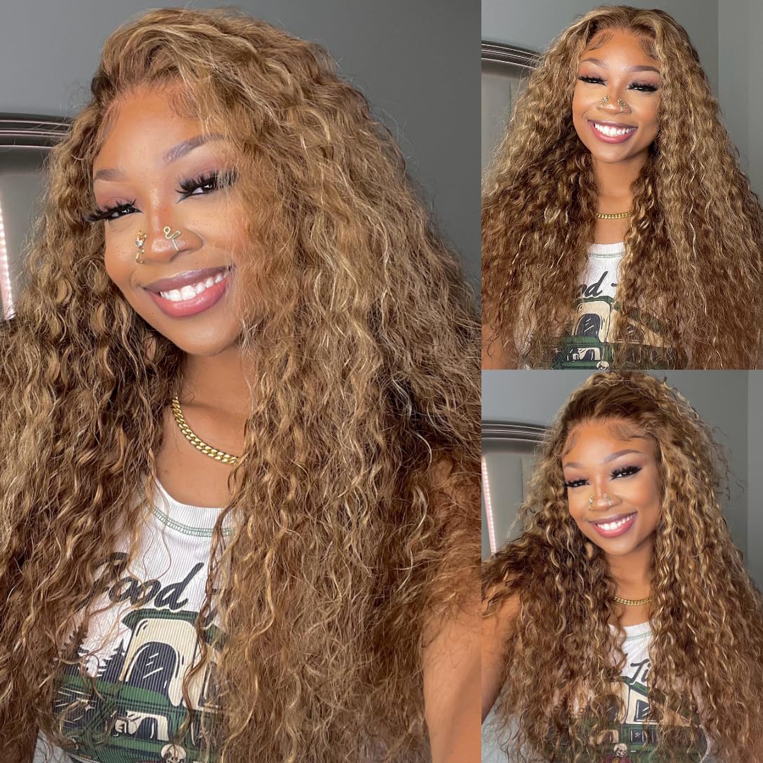 Honey Blonde Highlight Water Wave 13x4 Lace Front Wigs Human Hair Ombre Curly HD Transparent Lace Frontal Wigs for Women