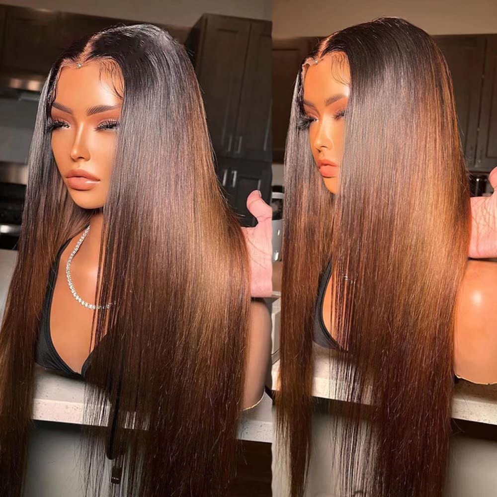 Brown Straight Glueless Wigs T1B/2/4 Ombre 13X4 Lace Front Wig Human Hair Pre Plucked