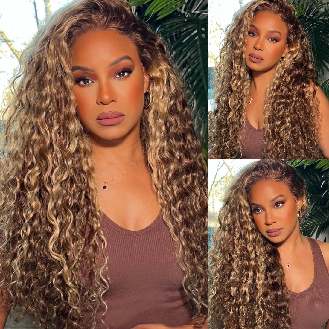 Honey Blonde Highlight Water Wave 13x4 Lace Front Wigs Human Hair Ombre Curly HD Transparent Lace Frontal Wigs for Women