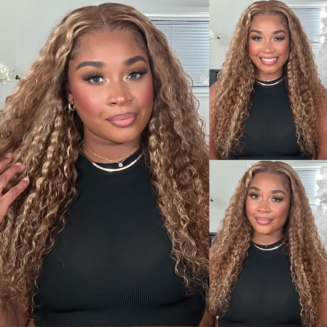 Honey Blonde Highlight Water Wave 13x4 Lace Front Wigs Human Hair Ombre Curly HD Transparent Lace Frontal Wigs for Women