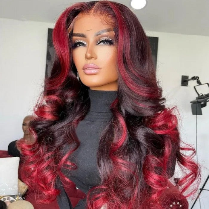 Valentine's Day Flash Sale: Loose Wave 13x4 HD Lace Ombre Dark Burgundy With Rose Red Highlight Wigs, 48hrs Limit