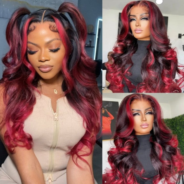 Valentine's Day Flash Sale: Loose Wave 13x4 HD Lace Ombre Dark Burgundy With Rose Red Highlight Wigs, 48hrs Limit