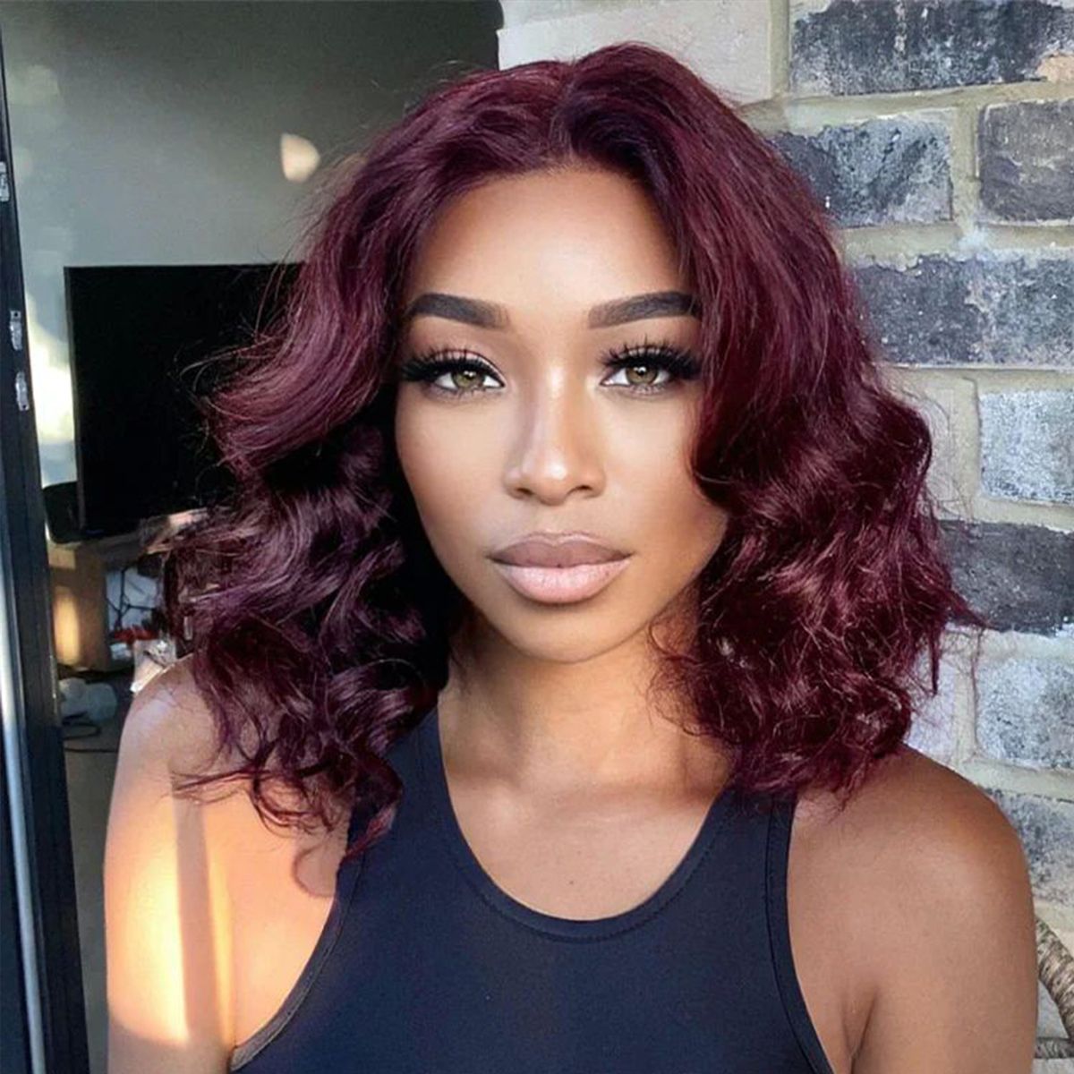 99J Colored Bob Wig Short Loose Wave Burgundy Red Human Hair Lace Front Wigs 180% Density
