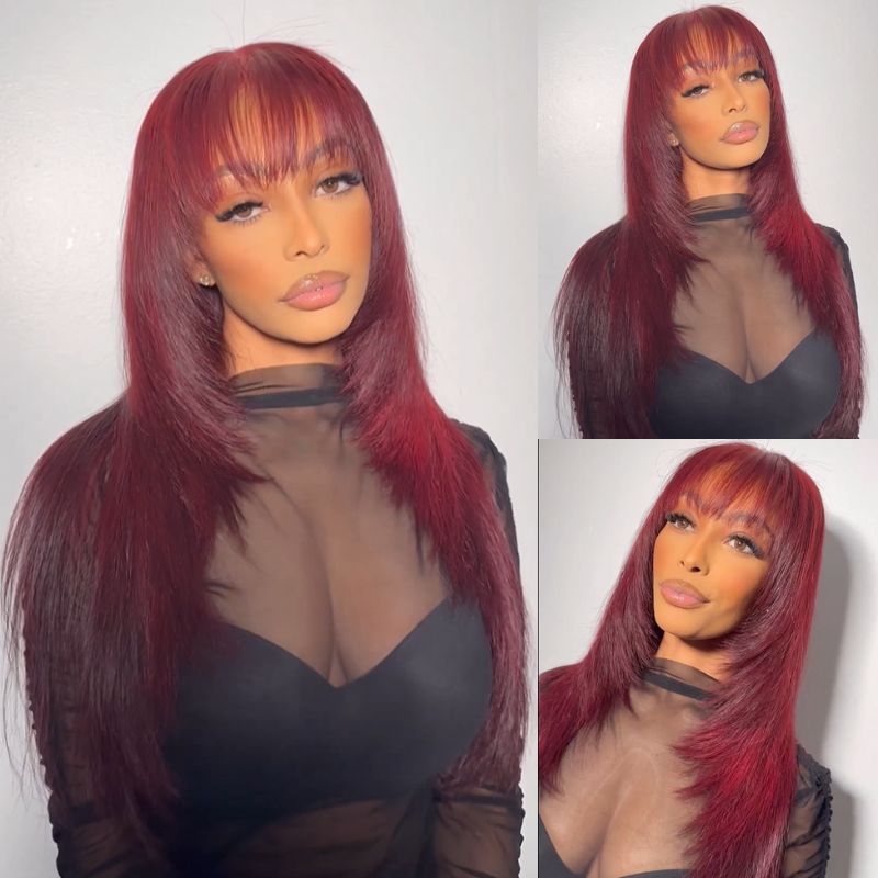 Glueless Long Straight Hair With Bangs Burgundy Wig Human Hair Wig-Geeta Hair