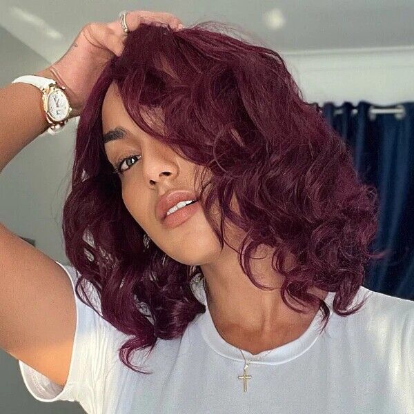 99J Colored Bob Wig Short Loose Wave Burgundy Red Human Hair Lace Front Wigs 180% Density