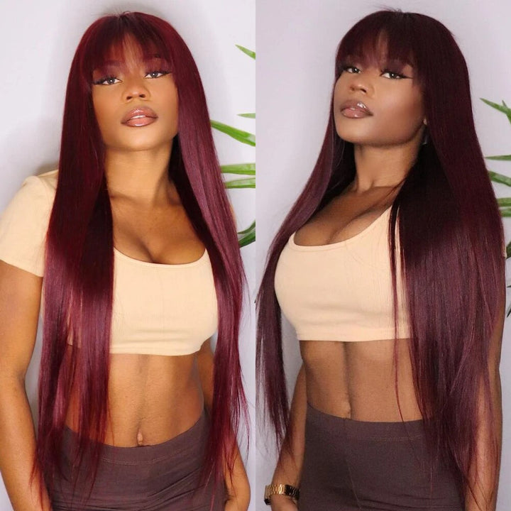 Glueless Long Straight Hair With Bangs Burgundy Wig Human Hair Wig-Geeta Hair