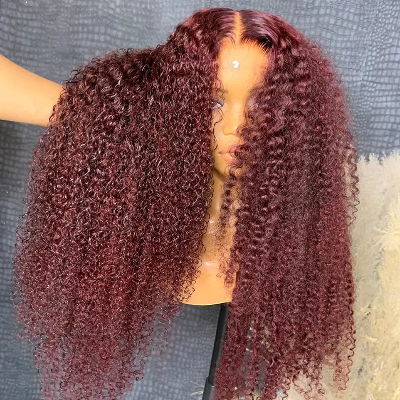 99j Burgundy Hair 13x4 HD Lace Kinky Curly Lace Front Wig Glueless 4x4 Lace Closure Wig Pre Plucked Human Hair Wigs-Geeta Hair