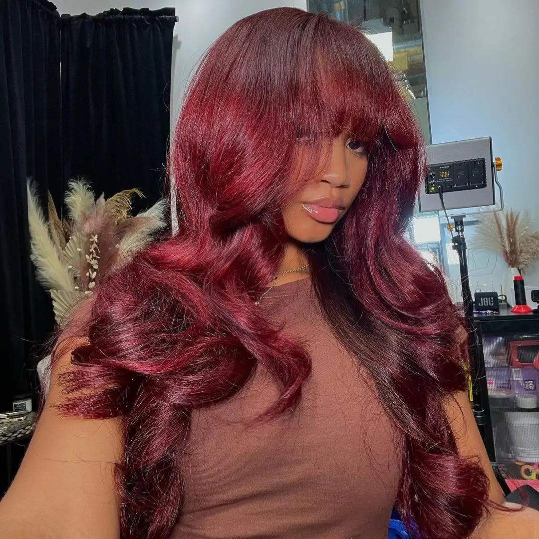 99j Burgundy Lace Front Wigs Body Wave Wigs with Bangs Human Hair Wigs Pre Plucked