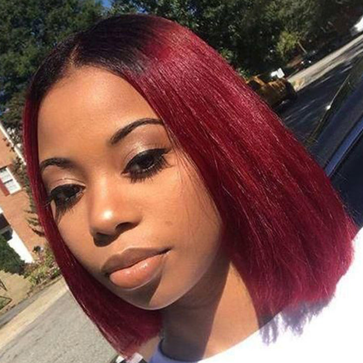 Straight Burgundy Glueless HD Lace Front Bob Wig with Black Roots 99j Colored Short Human Hair Bob Wigs