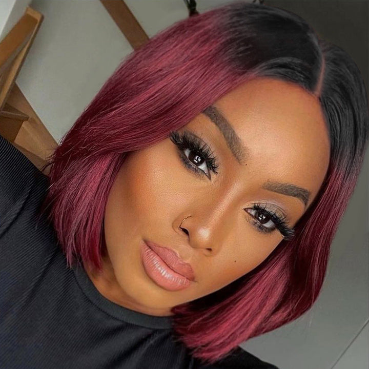 Straight Burgundy Glueless HD Lace Front Bob Wig with Black Roots 99j Colored Short Human Hair Bob Wigs