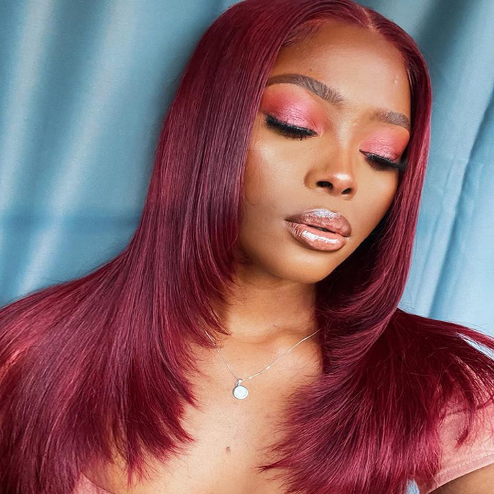 Ginger Layered Straight 13x4 HD Transparent Lace Frontal Wig Ginger/99j Color Butterfly Haircut Human Hair Wigs