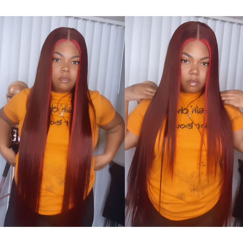 Highlight Ombre Straight Hair 99j Human Hair Wig HD Lace Font Wig Pre Plucked Natural Hairline-Geetahair