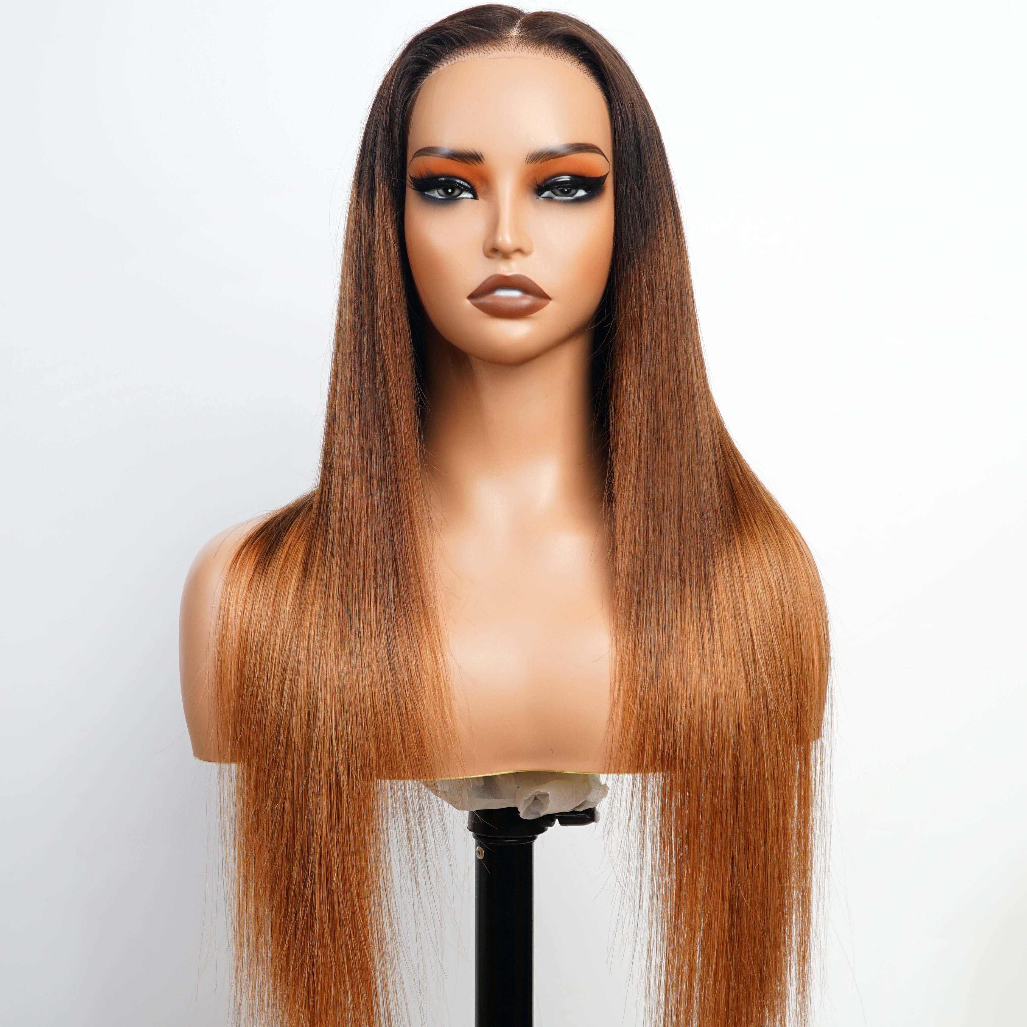 Long Straight Brown Ombre Blonde Wigs With Black Roots Human hair Wigs For Women And Girls