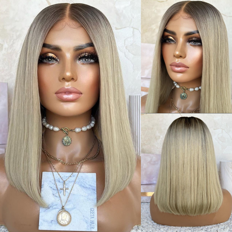 Ash Blonde Lace Front Wig 13x4 Lace Front Straight Bob Human Hair Wigs Pre Blucked 180% Density