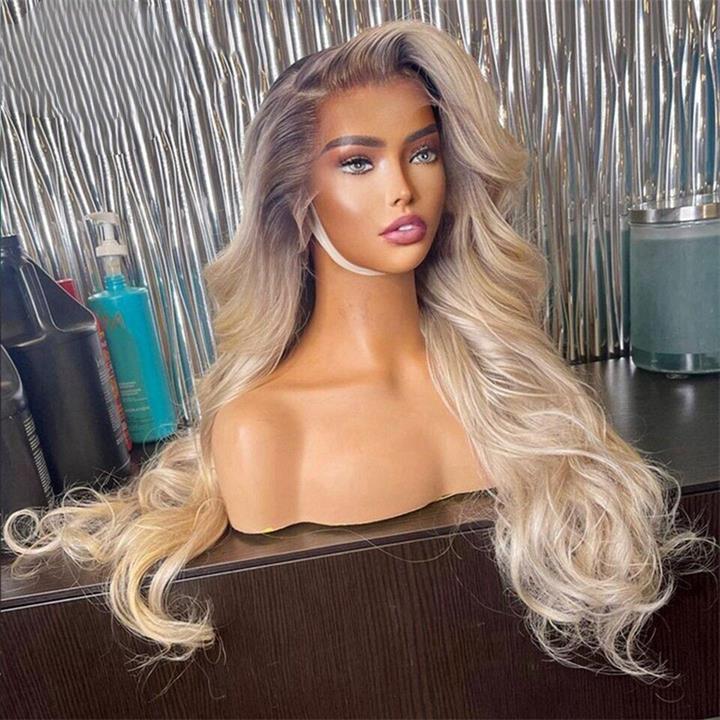 Highlight Ash Blonde Body Wave Lace Front Wig #613 Color Human Hair Wigs With Dark Roots-Geeta Hair