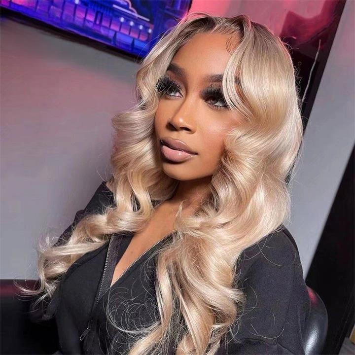 Highlight Ash Blonde Body Wave Lace Front Wig #613 Color Human Hair Wigs With Dark Roots-Geeta Hair