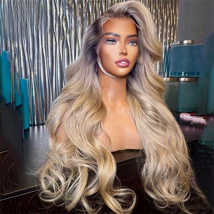 Highlight Ash Blonde Body Wave Lace Front Wig #613 Color Human Hair Wigs With Dark Roots-Geeta Hair