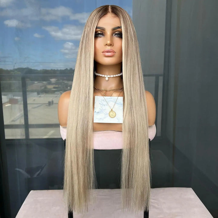 Highlight Ash Blonde Human Hair Wig Straight 13x4 Lace Front Ash Blonde Wig with Dark Roots Pre Plucked