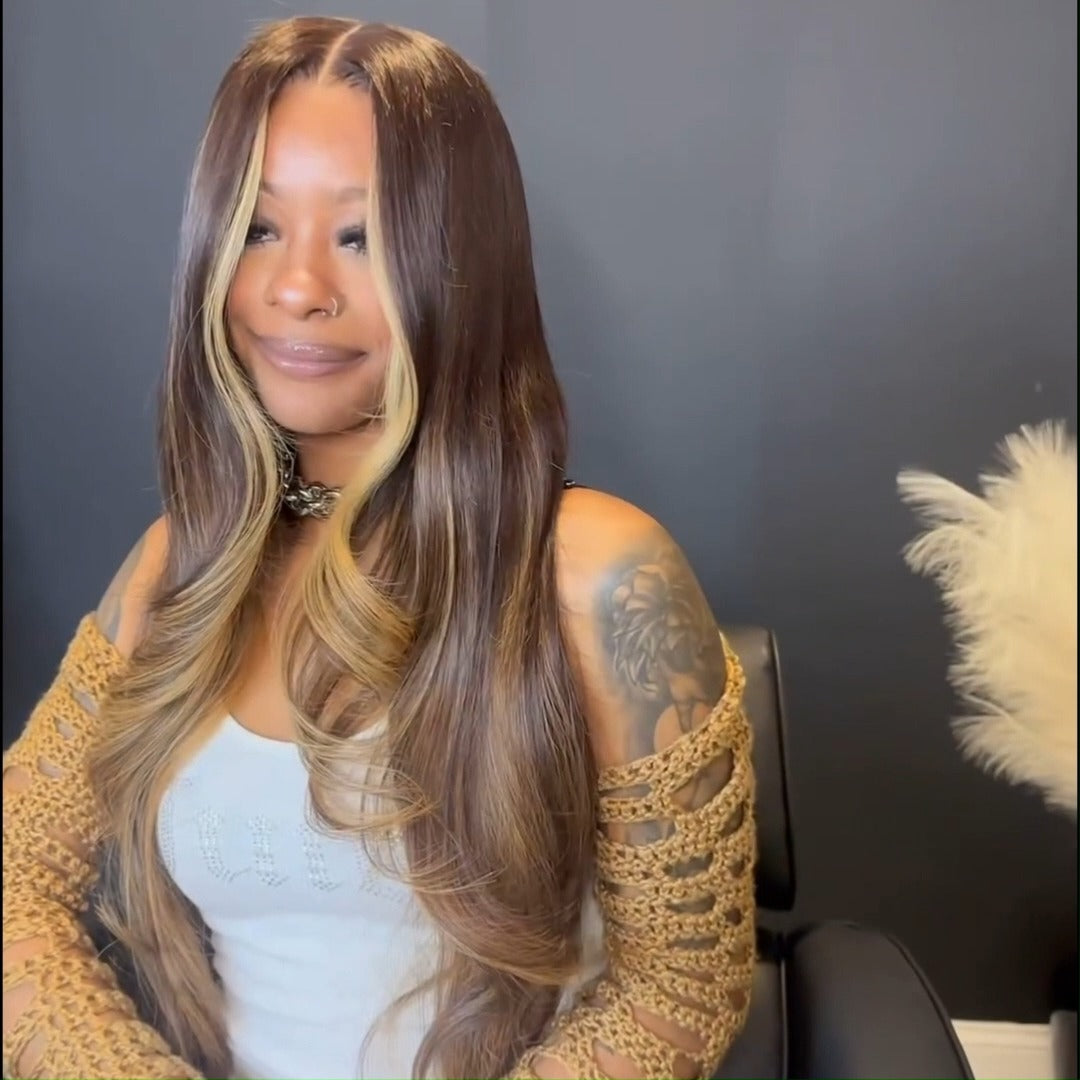 Balayage Highlight Brown Wig 13x4 Natural Straight HD Lace Front Wig Honey Blonde Glueless Wigs