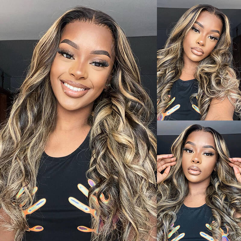 Balayage Highlight Lace Front Wig Body Wave Glueless Human Hair Wigs 180% Density-GeetaHair